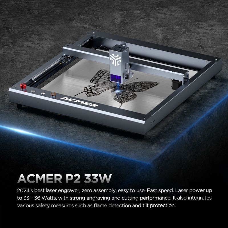 ACMER P2 33W máquina de corte de gravador a laser, gravador a laser de mesa de madeira e cortador alta velocidade 30000mm/min